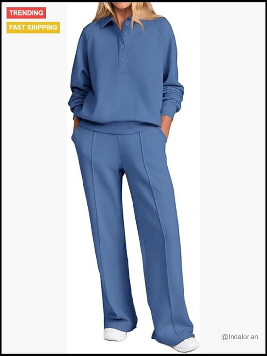 Pants - Quarter Button Long Sleeve Sweatshirt Wide Leg Pants Tracksuit Set
